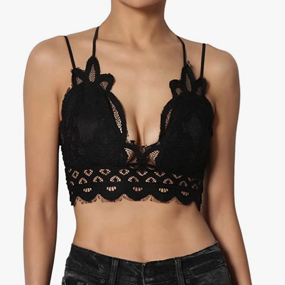 New Boho Lace Scalloped Smocked Long Line Bralette